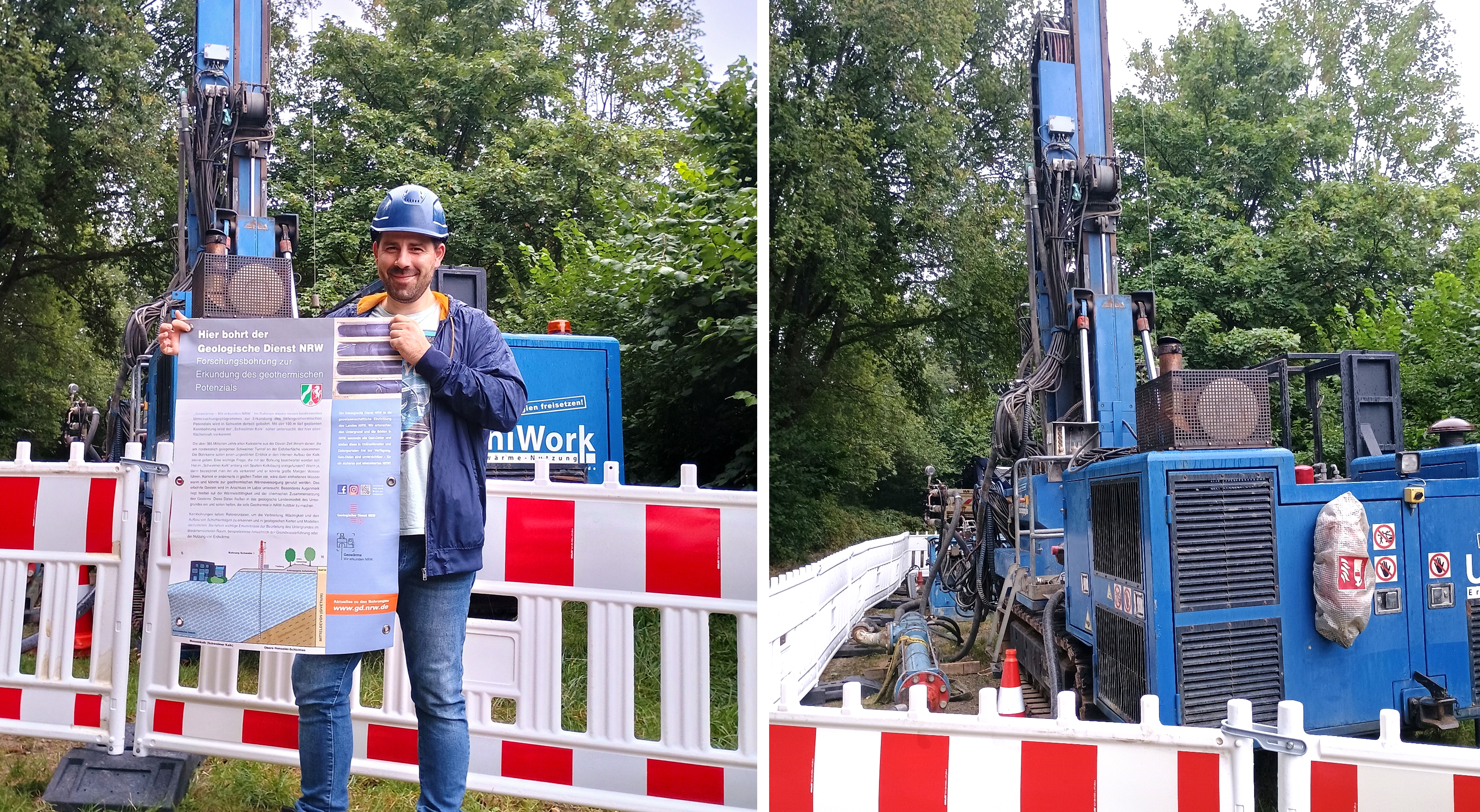 Foto von Geo-Ingenieur mit Bohrplakat und Bohrgerät