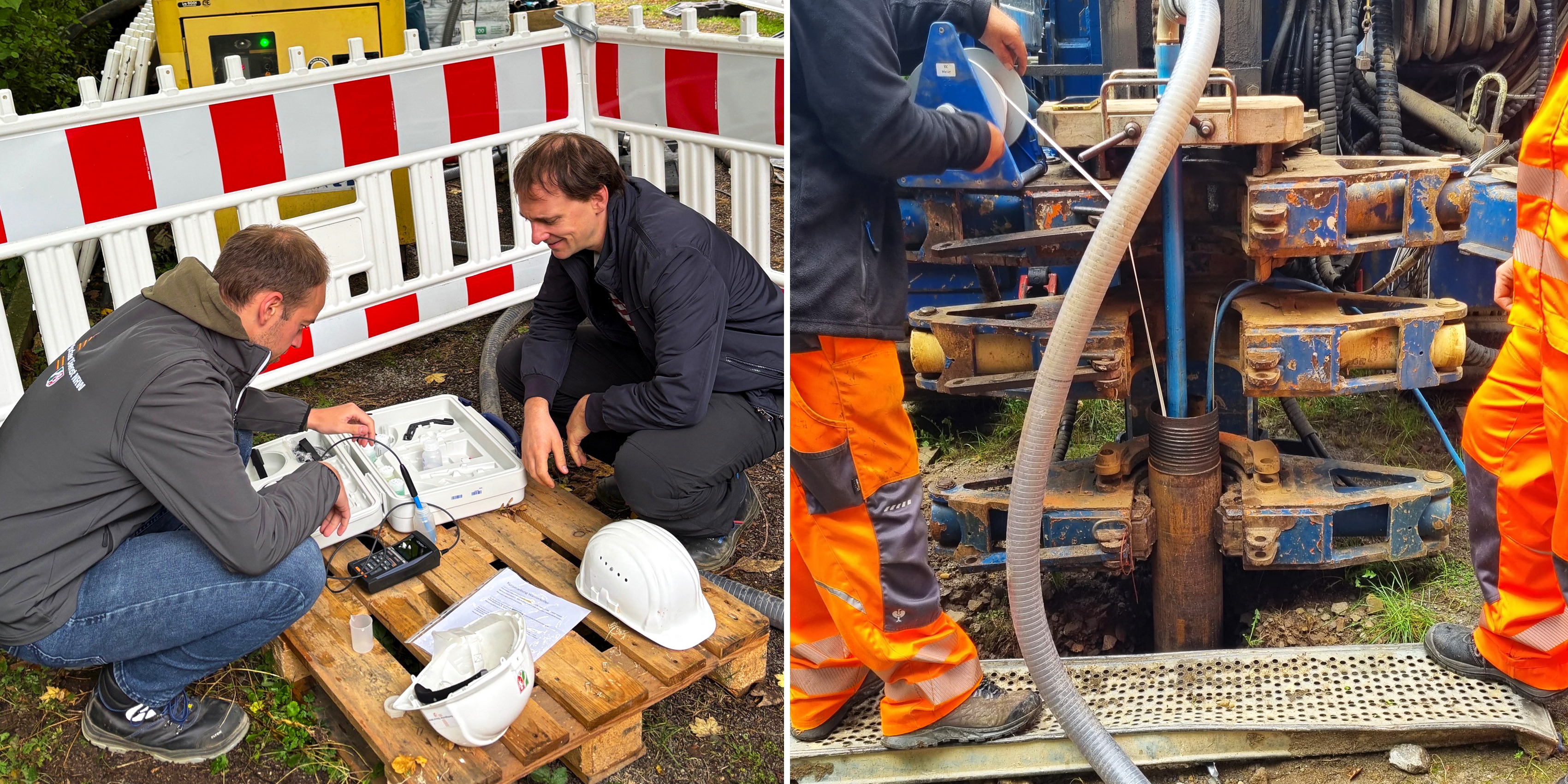 Foto von Hydrogeologen Ben und Nick bei der Wasseranalyse und Ausschnitt des Pumpversuchs