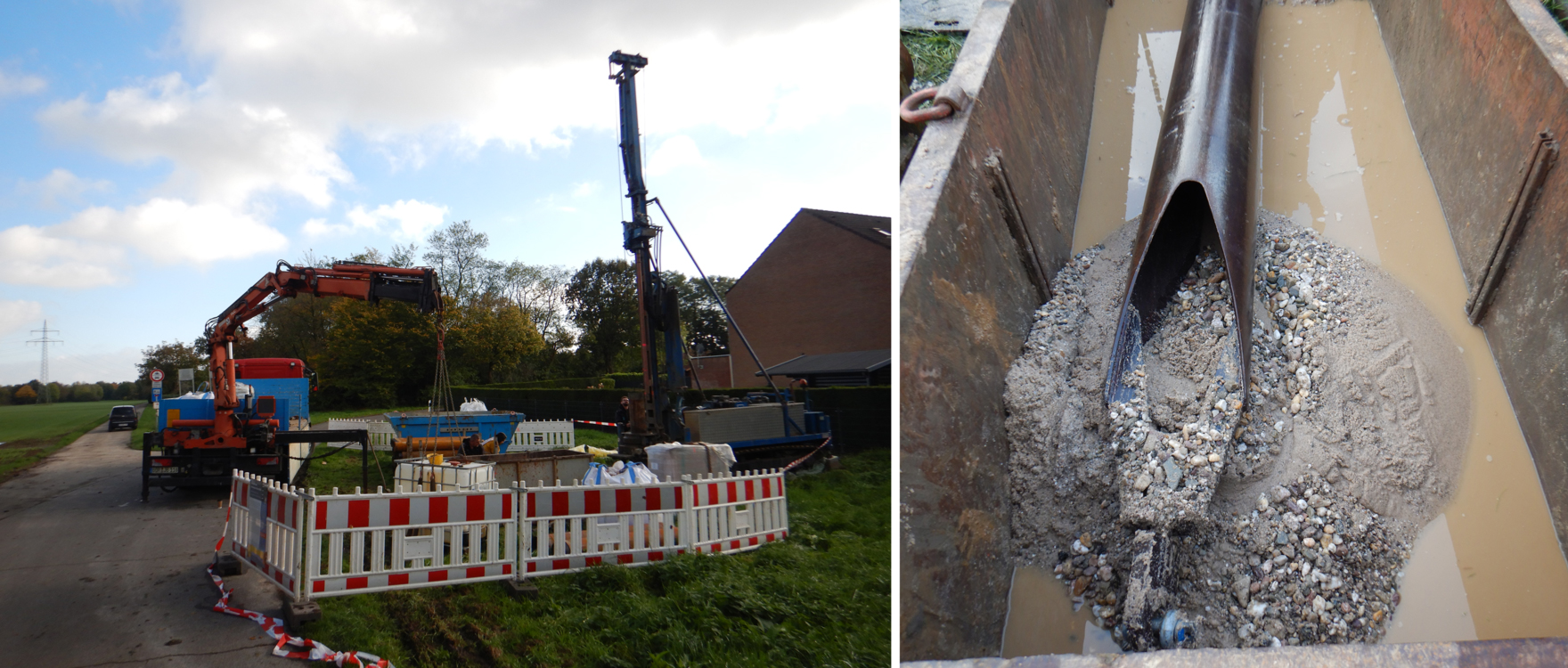 Links: Bohranlage in Kempen, rechts: kiesige Sande der Mittelterrassen aus 11 Metern Tiefe.