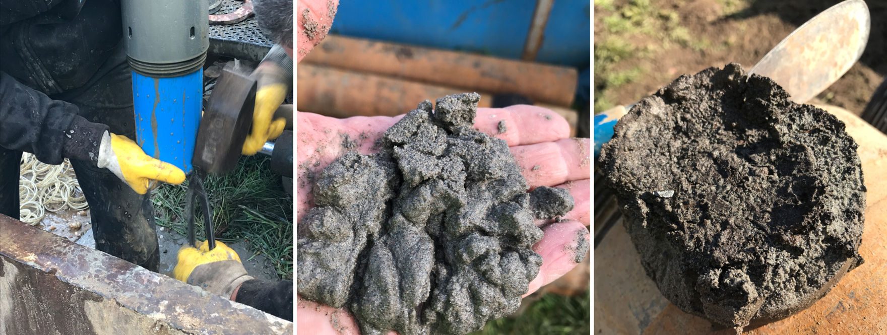 Links: Bohranlage in Kempen, rechts: kiesige Sande der Mittelterrassen aus 11 Metern Tiefe.