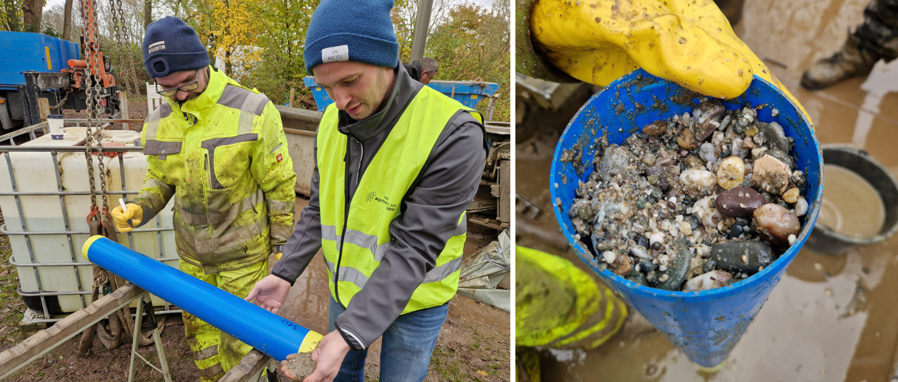 Links: Der Bohrmeister und unser Geologe Stefan beschriften einen Bohrkern aus 31 bis 32 Meter Tiefe, rechts: Kiese aus 33 Meter Tiefe