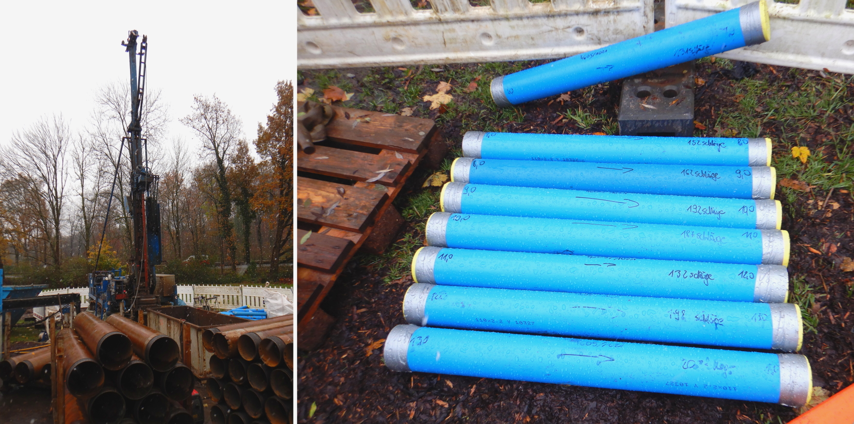 Links: Bohrplatz bei Schnee, rechts: Bohrkerne in Kunststoffrohren