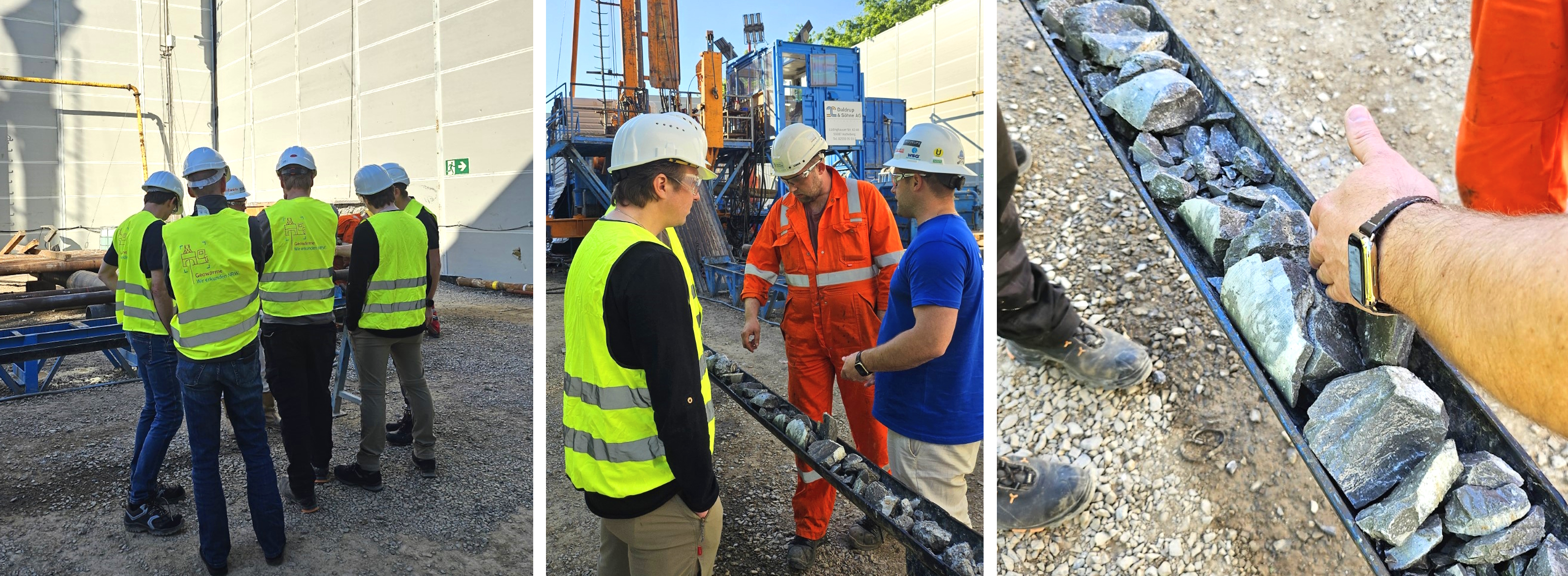 Unsere Geologen begutachten zusammen mit dem Bohrteam die erbohrten Kalksteine und besprechen deren Besonderheiten.
