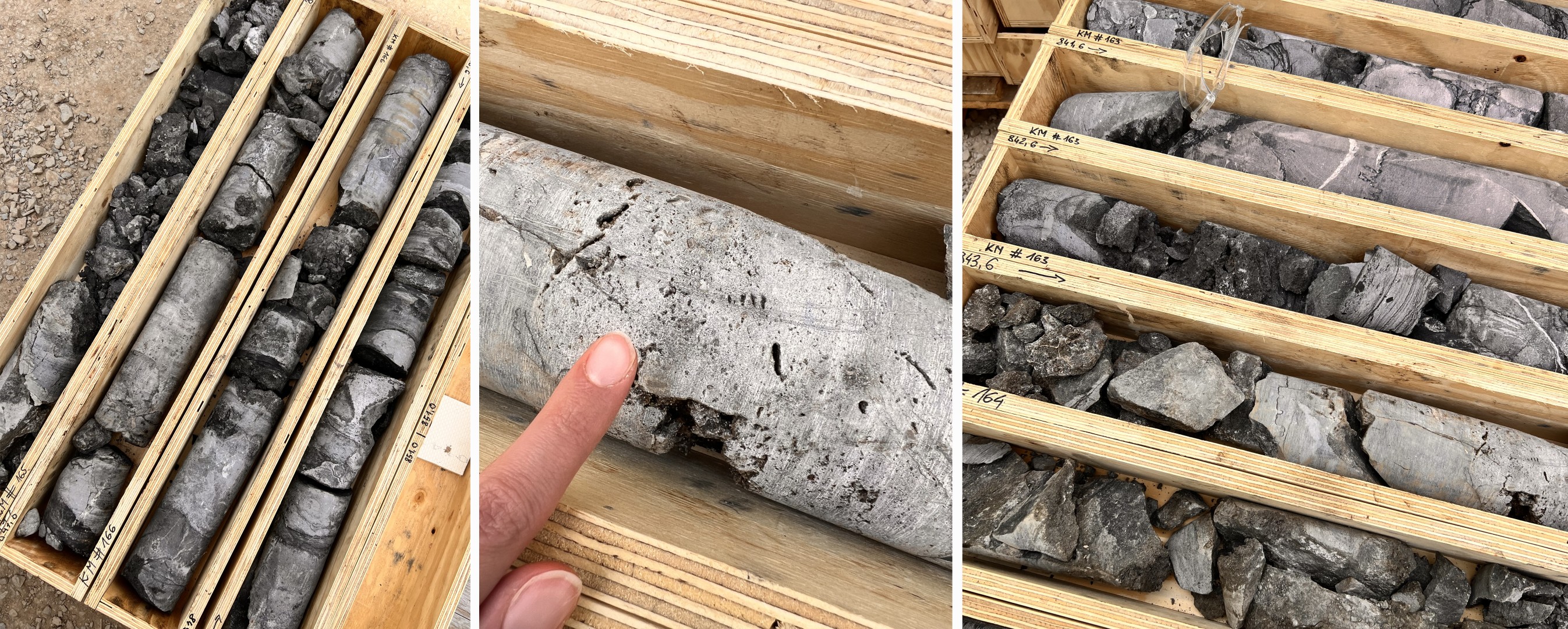 Links: Bohrkerne aus 846 bis 851 Metern Tiefe, Mitte: typische Löcher im Gestein, die bei der Umwandlung von Kalzit in Dolomit entstehen, rechts: Bohrkerne aus 841 bis 844 Metern Tiefe mit teilweise dolomitisierten Kalksteinen