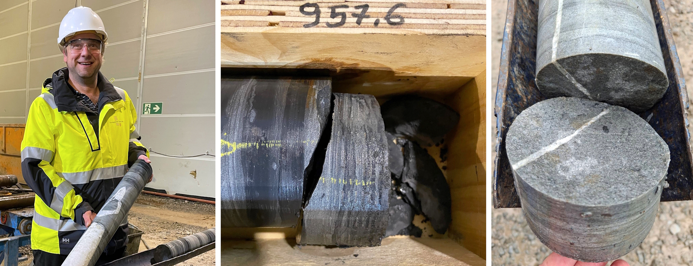 Links: Geologe Stephan präsentiert zufrieden den letzten Bohrkern, Mitte: erreichte Endtiefe, rechts: grauer Feinsandstein aus den unteren Metern (Condroz-Sandstein, Devon-Zeit)