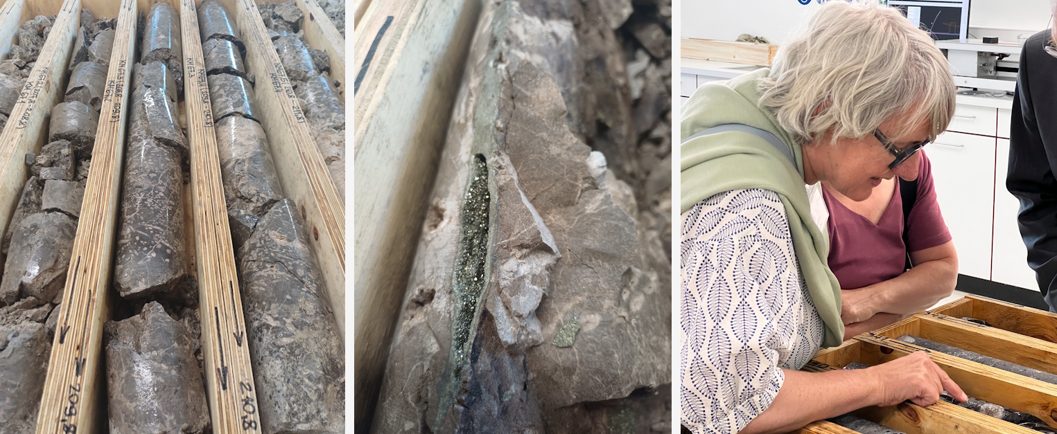 Links: Fotos von Bohrkernen, Mitte: Nahaufnahme vom Kalkstein mit Pyrit-Adern, rechts: Staatssekretärin schaut sich im Probenbearbeitungsraum die Bohrkerne an